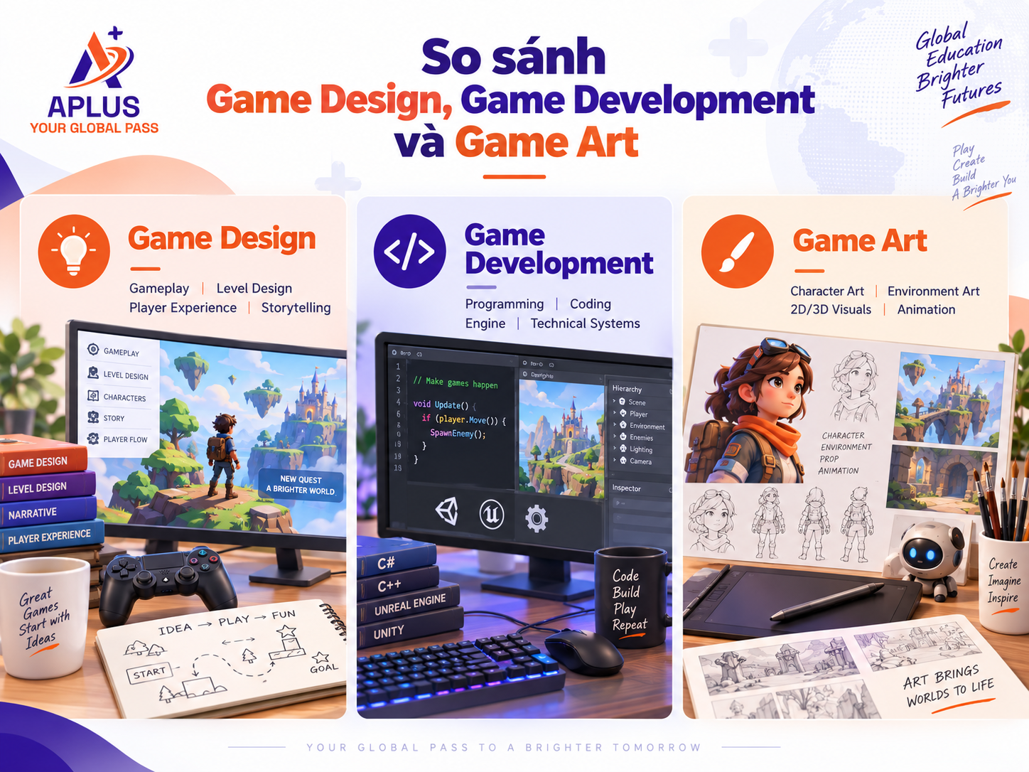 So sánh Game Design, Game Development và Game Art