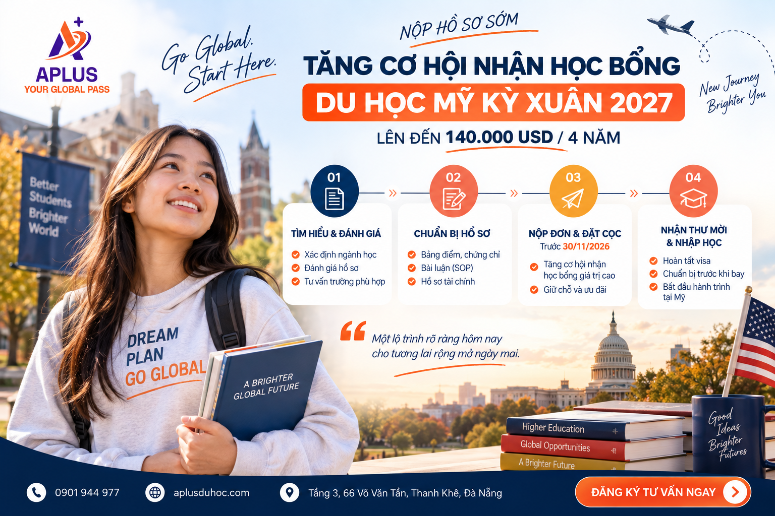 Mốc đặt cọc học bổng du học Mỹ kỳ Xuân 2027