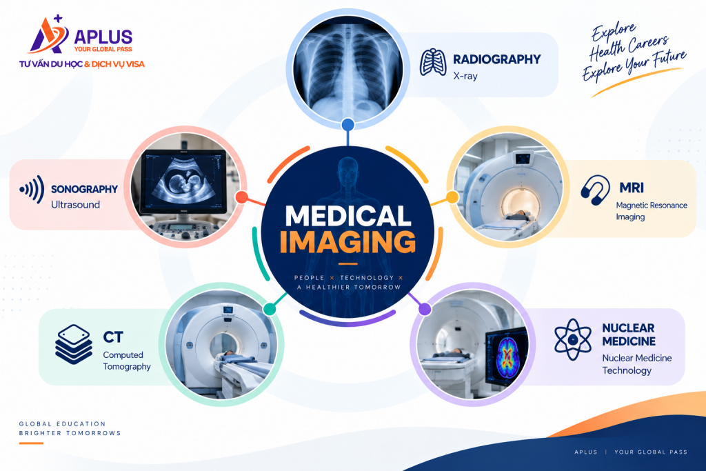 Các chuyên ngành Medical Imaging gồm Radiography MRI CT Sonography và Nuclear Medicine.