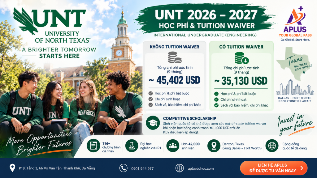 Học phí học bổng và tuition waiver University of North Texas