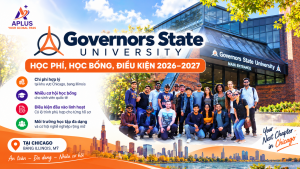 Sinh viên quốc tế chụp ảnh trước cổng chính Governors State University tại University Park, Illinois